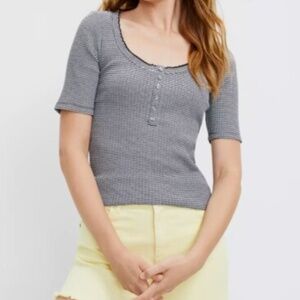 Loft Lavendar Pointelle Ruffle Henley Top Size XL
